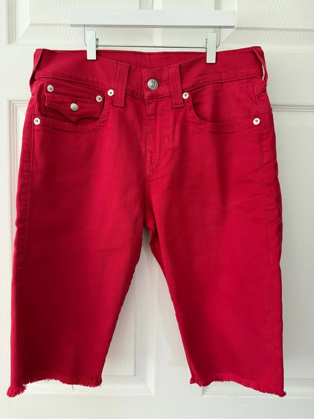 True Religion Bright Red Ricky Denim Cutoff Shorts